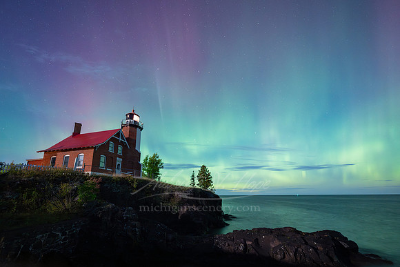 "Moonlit Aurora at Eagle Harbor Lighthouse"