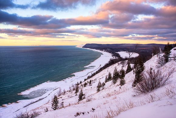 "Snowy Sunset at Empire Bluff Overlook"