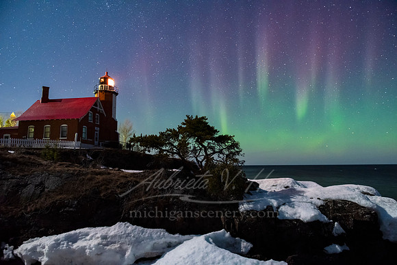 "Aurora in the Moonlight, Eagle Harbor Lighthouse"