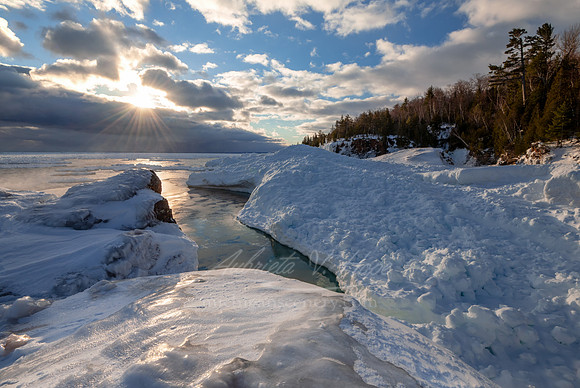 "Winter Sunburst at Black Rocks, Marquette"